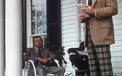 MWC president Prince Woodard giving remarks at Belmont opening day Oct. 19 1975 Director Dick Reid sitting
