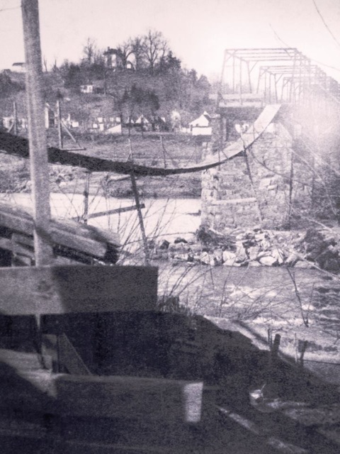 Temporary Falmouth Bridge, circa 1918. This image was taken from the Fredericksburg side of the river but a similar swinging bridge was built on the Falmouth side, as well, because an ice dam had carried off both ends and left only the middle section.