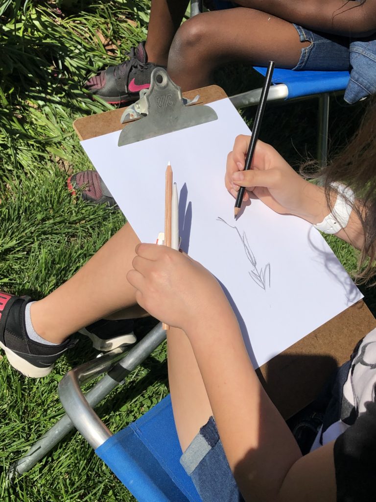 This picture depicts a student drawing outside.