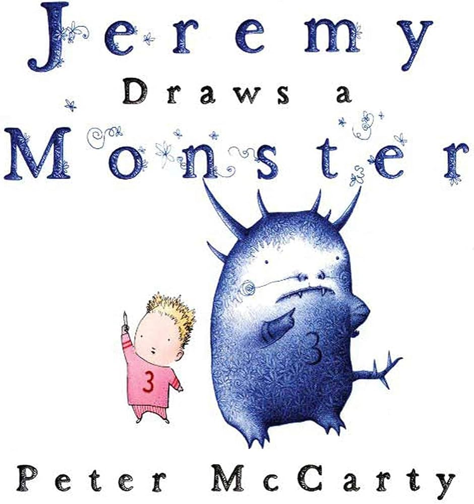 A Young Boy standing next to a cute monster